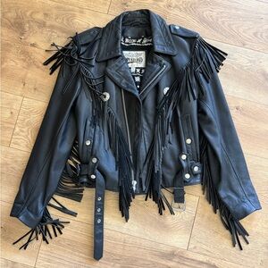 Open Road xs Black Leather Jacket Fringe Western Cowgirl Silver oversized